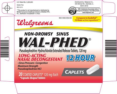 Wal Phed (Walgreen Company) PSEUDOEPHEDRINE HYDROCHLORIDE 120mg tablet, film coated, extended ...