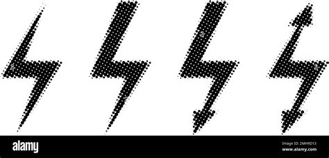 Halftone lightning bolt set. Black grunge thunderbolt collection ...