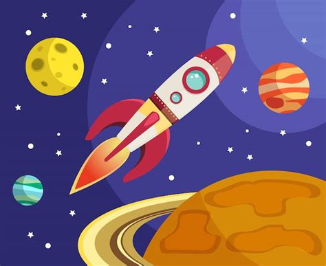 Space rocket ship flying in space with planets and stars vector illustration | Free Vector