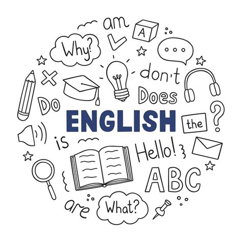 Learning English doodle set. Language school in sketch style. Online ...