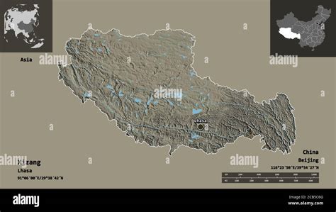 Shape of Xizang, autonomous region of China, and its capital. Distance ...