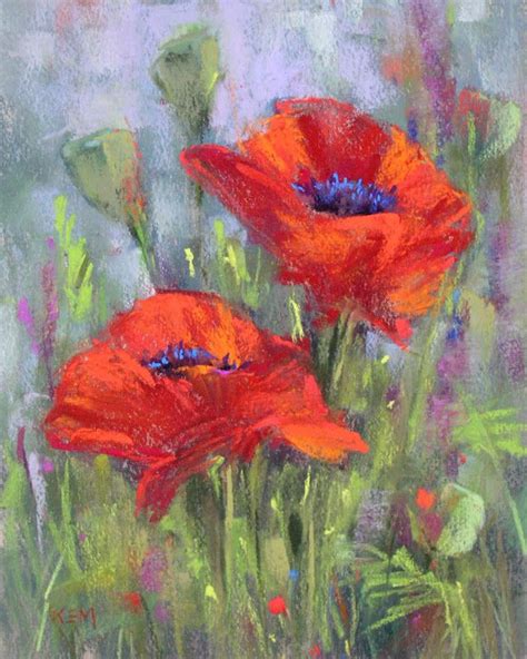 an oil painting of red poppies in a field with green grass and blue sky