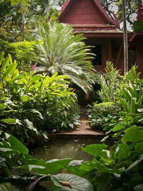 a house surrounded by lush green plants and trees