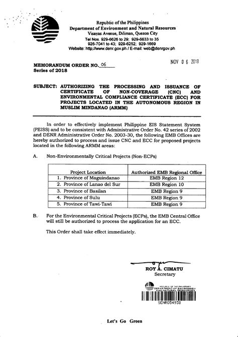 Authorizing THE Processing AND Issuance OF Certificate OF NON- Coverage (CNC) AND Environmental ...