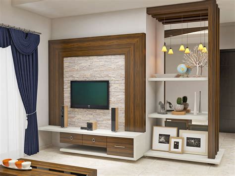 Wall mountable TV unit with a back drop of creamy ‪#‎stonecladded‬ wall lined contrast colored ...