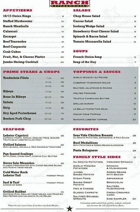 Menu at Ranch Steakhouse, Oklahoma City