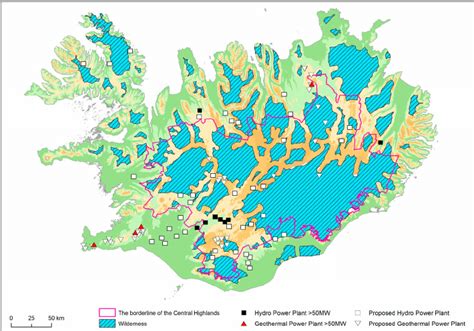 The Icelandic Highlands, wilderness, existing power plants and proposed... | Download Scientific ...