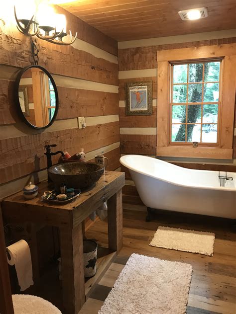 #LogHome #Bathroom with handmade vanity & claw foot tub Rustic Cabin Bathroom, Rustic Bathrooms ...