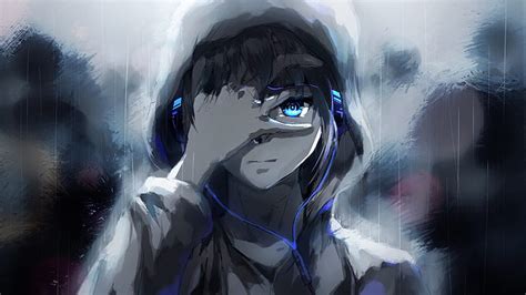 HD wallpaper: anime boy, hoodie, blue eyes, headphones, painting ...