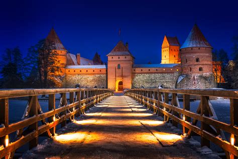 2560x1080 resolution | photo of bridge hallway to bricked castle during night time, trakai HD ...