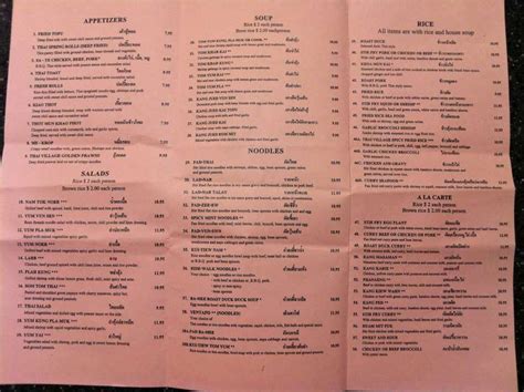 Menu at Thai Village restaurant, Anchorage