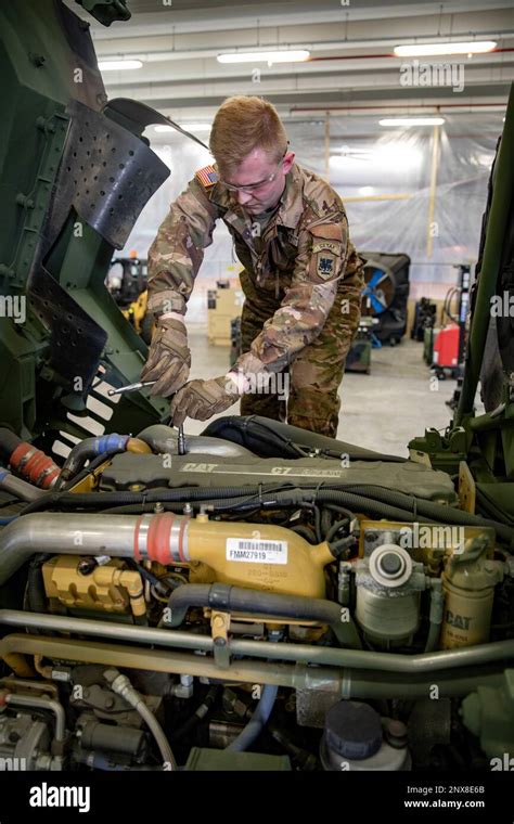 U.S Army Cpl. Ethan Gaspard, wheeled vehicle mechanic with Headquarters Support Company, U.S ...