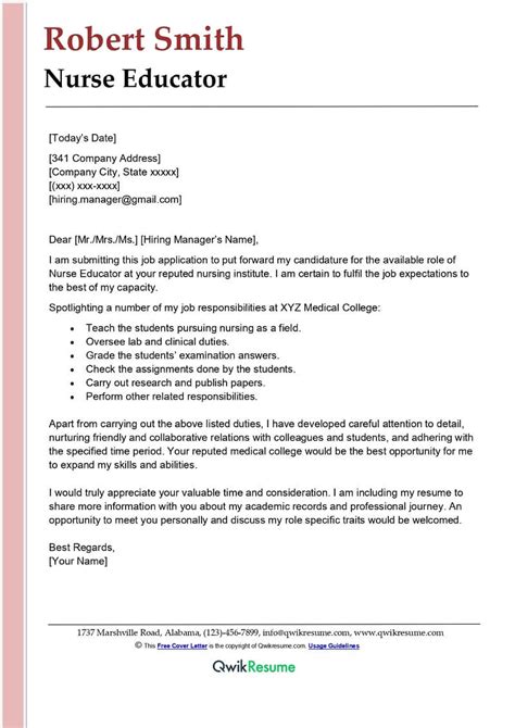 Nurse Educator Cover Letter - HildaHarris Blog