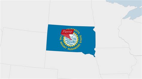 US State South Dakota map highlighted in South Dakota flag colors and pin of country capital ...