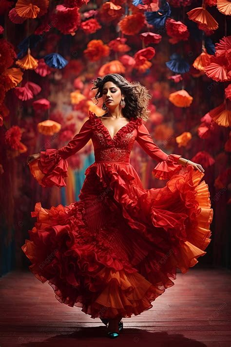 Beautiful A Woman In Red Ruffled Dress Dancing Flamenco Studio ...