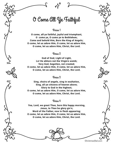 Free Printable Lyrics for O Come All Ye Faithful