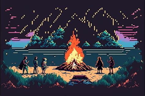 A close up of a pixel art style picture of people around a campfire ...