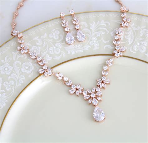 Rose Gold necklace Rose Gold Bridal jewelry set Wedding