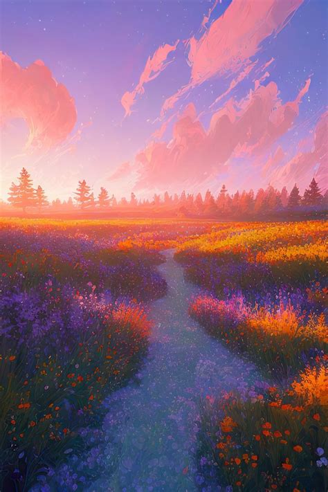 a painting of a sunset over a field with flowers