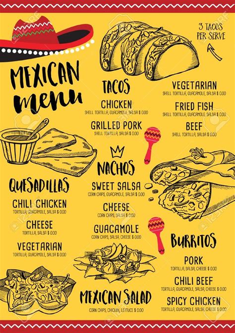 the mexican menu is shown in black and yellow