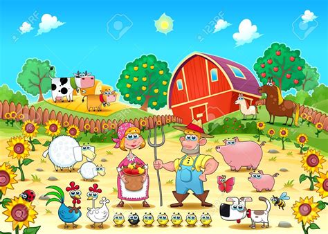 Funny farm scene with animals and farmers . Cartoon and vector illustration Stock Vector ...