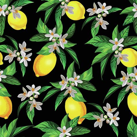 Lemon pattern with creative texture and flowers. Seamless decorative background. Hand drawing ...