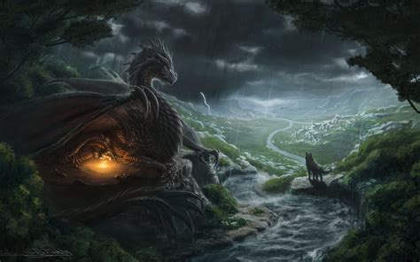 fantasy Art, Dragon, Wolf, River Wallpapers HD / Desktop and Mobile Backgrounds