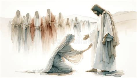 Jesus Christ Healing a Woman. Digital Watercolor Painting Stock Illustration - Illustration of ...