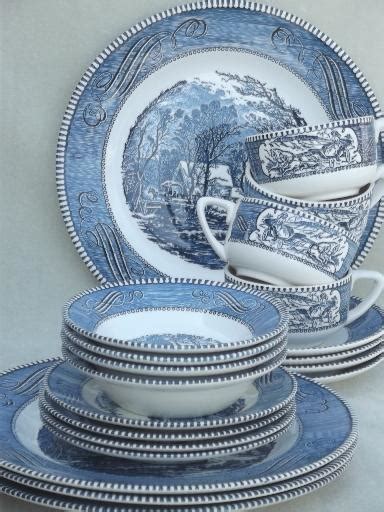 vintage Currier & Ives blue and white china dishes, dinnerware set for 4