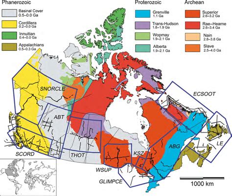 Map of Canada showing the locations of the major geological provinces ...