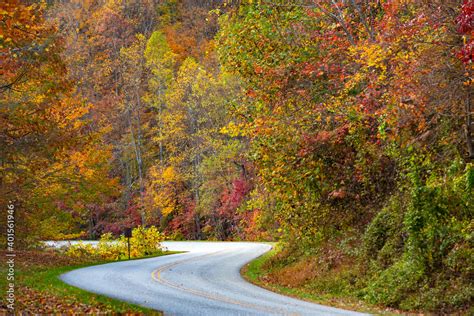 Beautiful Fall Colors Trees on Road on Blue Ridge Parkway Stock Photo ...