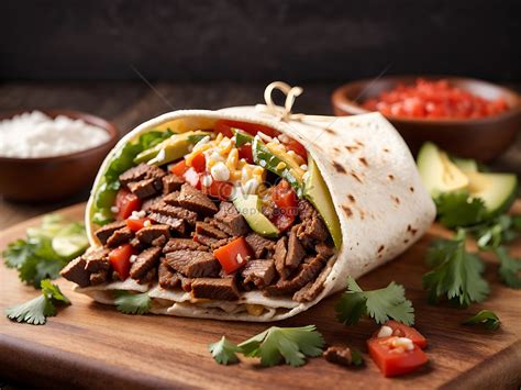 Beef Burrito Wrap Sandwich On Wooden Tray Close Up Picture And HD ...