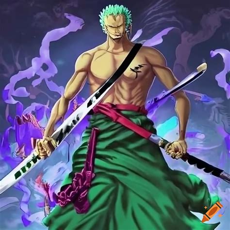 Illustration of roronoa zoro showcasing his three sword style on Craiyon