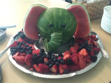 Watermelon elephant fruit tray, this was made for a baby shower … | Baby shower fruit, Baby ...