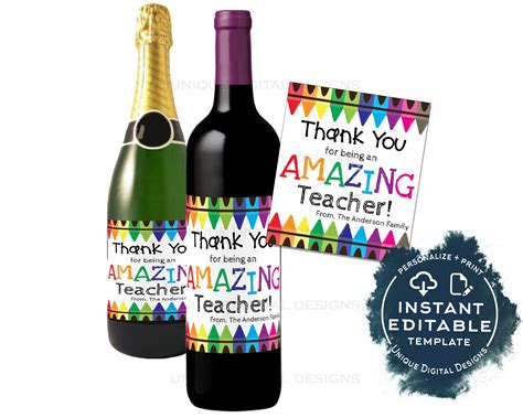 Teacher Appreciation Wine Bottle Label, Editable Wine Label Sticker Champagne Gift for Teacher ...