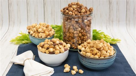 Our gourmet popcorn flavors displayed on a table