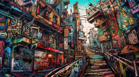 Premium AI Image | A painting of a street with a graffiti style scene.