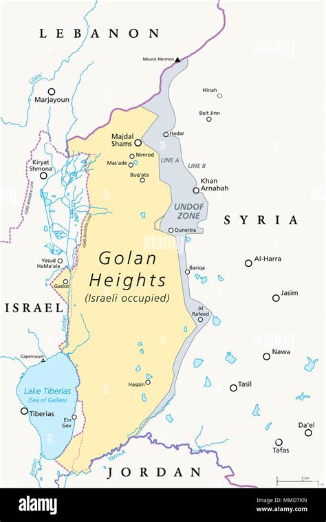 Golán. mapa político con fronteras, lugares importantes, ríos y el Lago ...