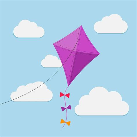 Flying kite in the sky between clouds. Purple paper kite with white ...