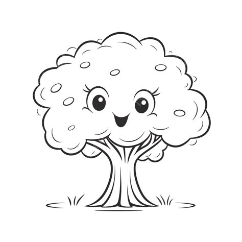 Cute Cartoon Smiling Tree Coloring Page Outline Sketch Drawing Vector ...