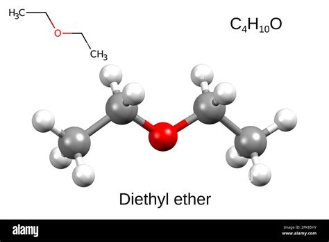 Chemical formula, skeletal formula and 3D ball-and-stick model of diethyl ether, white ...