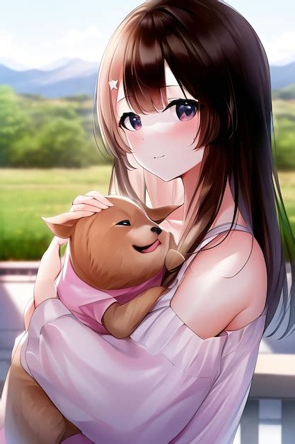 Premium AI Image | Anime girl holding a dog with a pink shirt