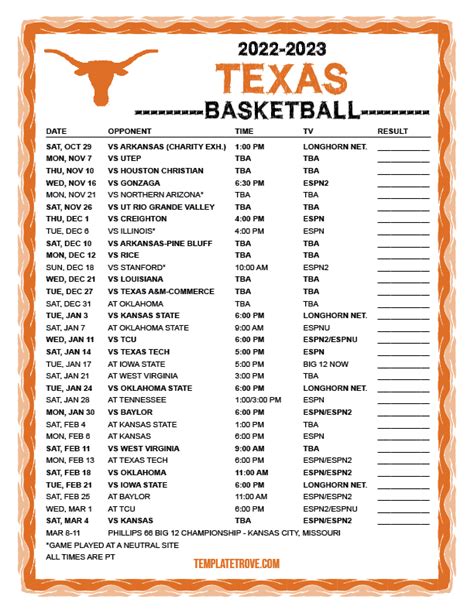 Printable 2022-2023 Texas Longhorns Basketball Schedule