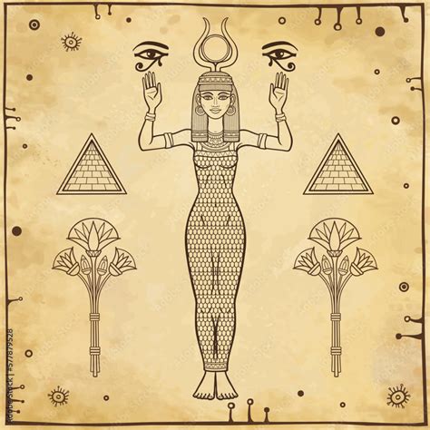 Stockvektorbilden Animation portrait: Egyptian goddess Isis with horns ...