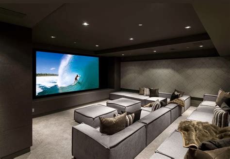 Grey media room home theater | Home theater seating, Small home ...