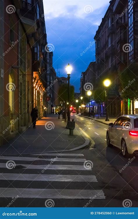 Street View at Night in Gijon Spain Editorial Image - Image of dusk, architecture: 278452060