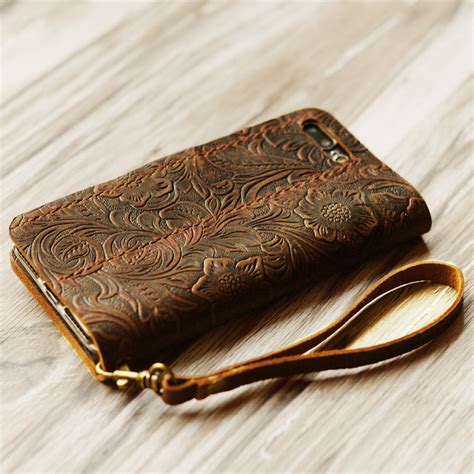 Women's Tooled Leather iPhone wallet case handmade - brown - 408 ...