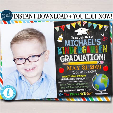 Editable Graduation Invitation Chalkboard Printable Kindergarten Preschool Pre K Graduate School ...