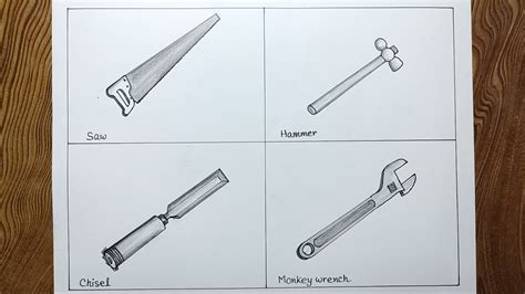 How to draw carpenter tools step by step easily/ Saw, Hammer, Chisel and wrench drawing - YouTube