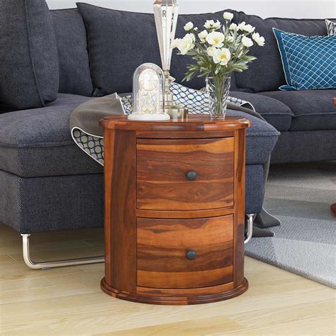 Friant Rustic Solid Wood 2 Drawer Round End Table